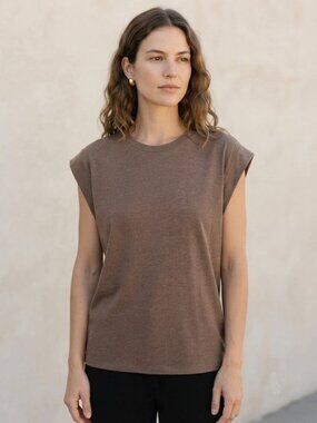 Shein Cuffed Cap Sleeve Tee Top Basic Brown Large US 8/10